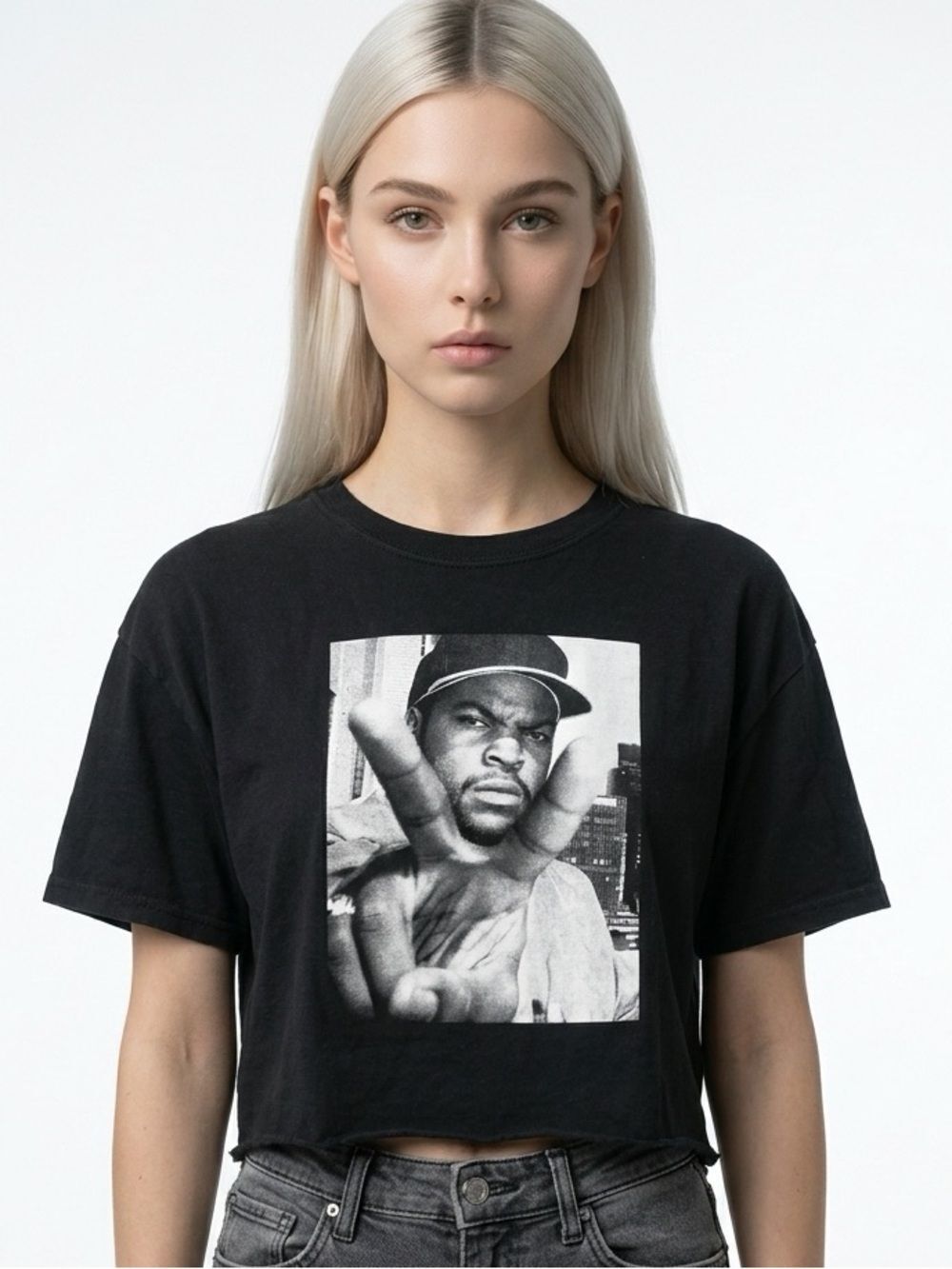 ICE CUBE | Cropped Rapper Graphic Tee Short Sleeve Black & Gray Women’s Size L